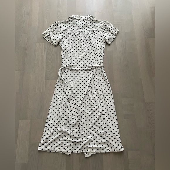 BEBE Black and White Polka Dot Button Up Midi Dress with Waist Tie - Picture 5 of 7